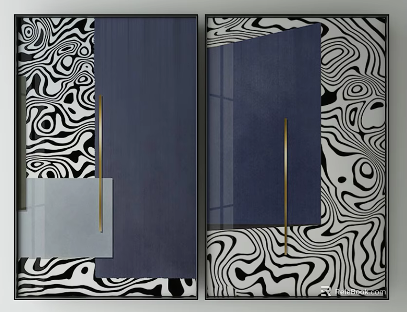 Abstract Wall Art With Deep Blue Sections Black White Wavy Patterns And Golden Strips 3d model 