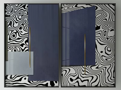 Abstract Wall Art With Deep Blue Sections Black White Wavy Patterns And Golden Strips 3d model
