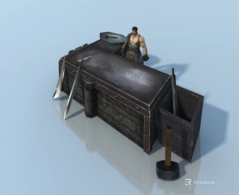 Ancient Forging Scene Landscape Sculpture With Large Stone Workbench Metal Tools And Muscular Male Figure 3d model 