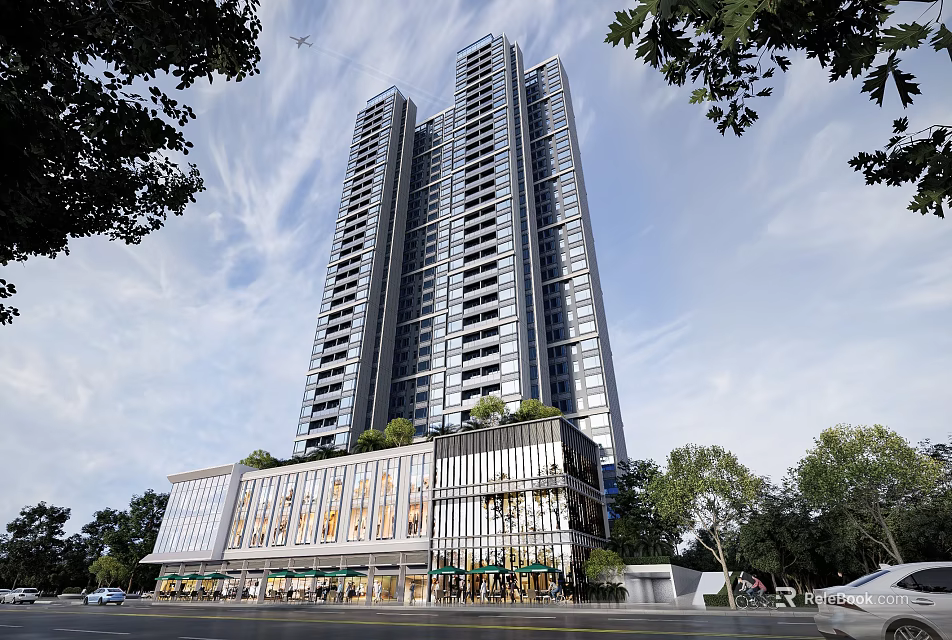 Modern High Rise Residential Building With Glass Facade Tree Surroundings And Ground Floor Shops 3d model 