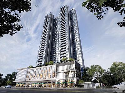 Modern High Rise Residential Building With Glass Facade Tree Surroundings And Ground Floor Shops 3d model