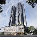 Modern High Rise Residential Building With Glass Facade Tree Surroundings And Ground Floor Shops