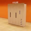 Light Wooden Wardrobe With Four Doors And Drawers Against Orange Wall And Wooden Floor