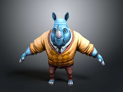 Blue Rhino Cartoon Character Wearing Yellow Sweater Brown Pants And Tie 3d model