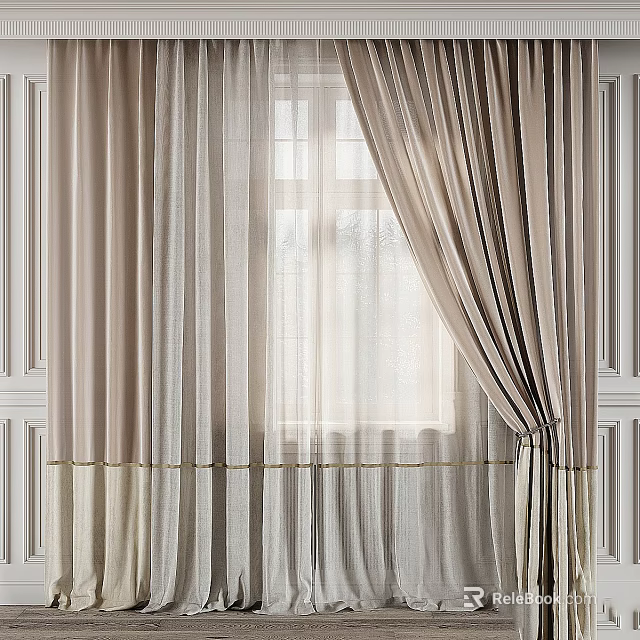 Beige Draped Curtains with Sheer Panels for Bright Window and Paneled Walls 3d model 