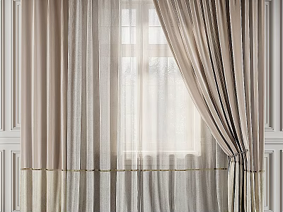 Beige Draped Curtains with Sheer Panels for Bright Window and Paneled Walls 3d model