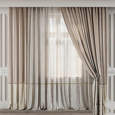 Beige Draped Curtains with Sheer Panels for Bright Window and Paneled Walls 3d model
