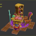 Vibrant Yellow Desk with Red Chair Bookshelf Colorful Items Purple Accents on Wooden Floor