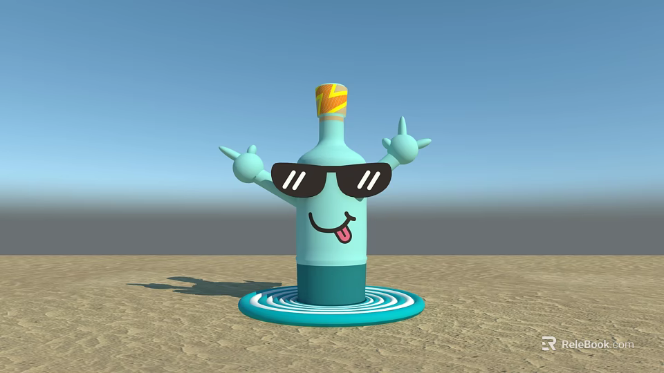 Cartoon Bottle With Sunglasses Outstretched Hands And Tongue On Beach Blue Sky Photo Spot 3d model 