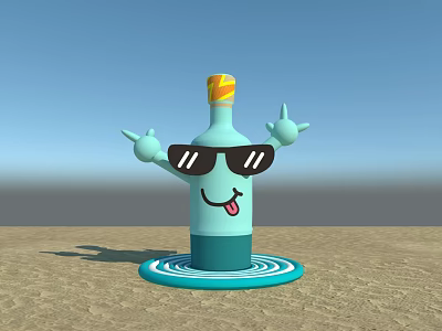 Cartoon Bottle With Sunglasses Outstretched Hands And Tongue On Beach Blue Sky Photo Spot 3d model