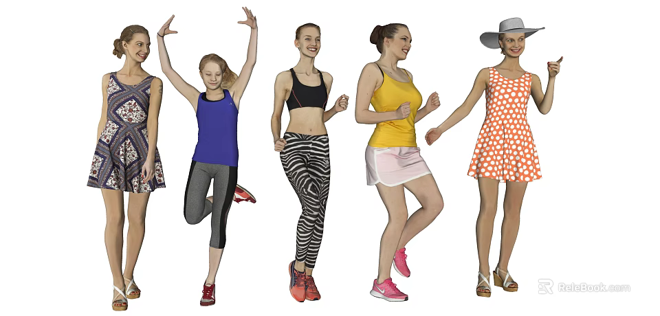 Group Of Women In Various Outfits Dancing 3d model 