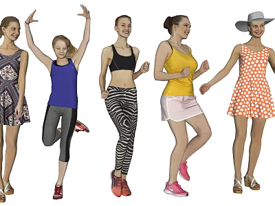 Group Of Women In Various Outfits Dancing 3d model