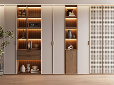 Modern Wooden Bookcase With LED Lighting Open Shelves And Decorative Items 3d model