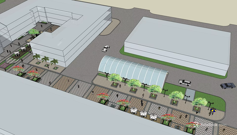 Commercial Landscape Design With Modern Buildings Pedestrian Plaza Greenery And Glass Canopy 3d model 
