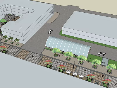 Commercial Landscape Design With Modern Buildings Pedestrian Plaza Greenery And Glass Canopy 3d model