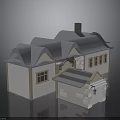 Traditional House Design With Gray Roof Beige Walls Windows Chimney And Blue Striped Porch
