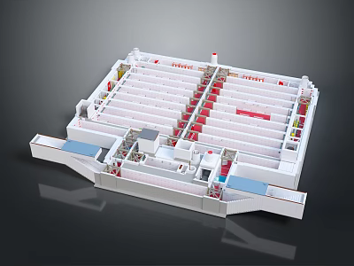 Detailed Architectural Model Interior Layout Featuring Neatly Arranged Red Seats White Structure And Aisles 3d model