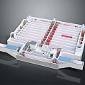 Detailed Architectural Model Interior Layout Featuring Neatly Arranged Red Seats White Structure And Aisles