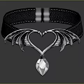 Stylish Black Leather Collar Necklace With Silver Heart And Wings Design Featuring Clear Teardrop Gemstone