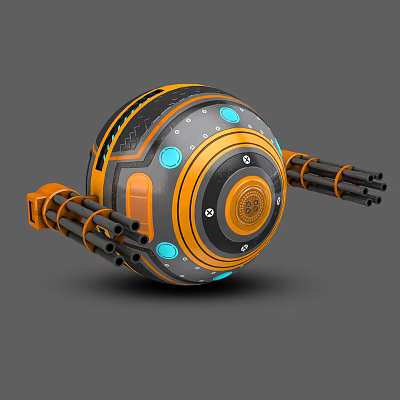 Orange Gray Spherical Smart Machine With Blue Circular Elements And Side Cannon Like Structures 3d model