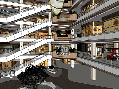 Modern Shopping Mall Interior With Multiple Floors Escalators Plant Decorations And Glass Facades 3d model
