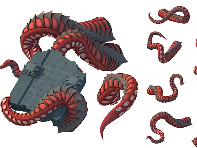 Red and Gray Aquatic Animal Octopus Tentacles with White Suction Cups Wrapped Around Gray Structure 3d model