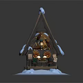 Cartoon Winter Scene Featuring Snowy Triangular Roof Cabin With Decorations And Glowing Icy Base