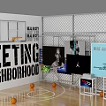 Indoor Basketball Court Featuring Wooden Floor Orange Basketball Balls Display Racks And Wall Posters