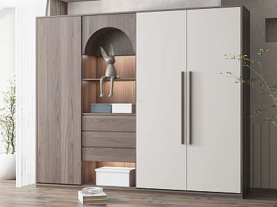 Modern Minimalist Wardrobe Design With Wooden Panel White Door Arched Open Shelf And Drawers 3d model