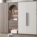 Modern Minimalist Wardrobe Design With Wooden Panel White Door Arched Open Shelf And Drawers