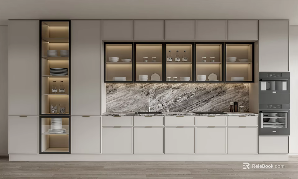 Modern Kitchen Cabinets With Glass Doors Displaying Dishes And Marble Backsplash Design 3d model 