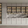 Modern Kitchen Cabinets With Glass Doors Displaying Dishes And Marble Backsplash Design