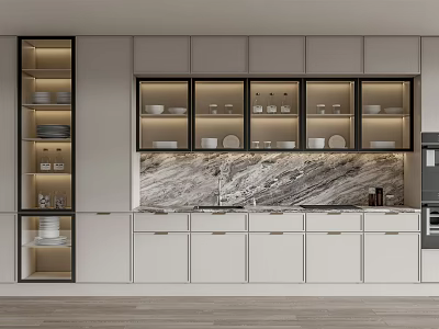 Modern Kitchen Cabinets With Glass Doors Displaying Dishes And Marble Backsplash Design 3d model