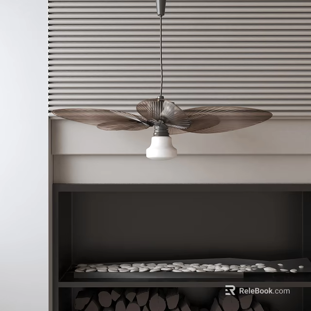 Ceiling Fan Chandelier With Window Blinds Background Above Dark Shelf With Round Objects 3d model 