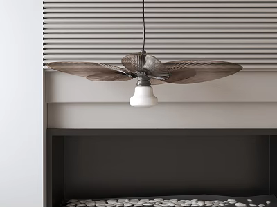 Ceiling Fan Chandelier With Window Blinds Background Above Dark Shelf With Round Objects 3d model