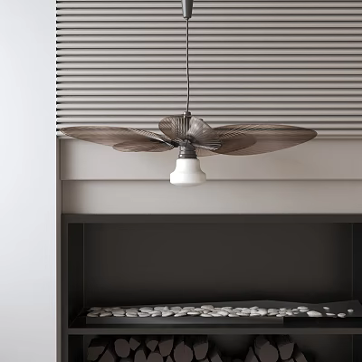Ceiling Fan Chandelier With Window Blinds Background Above Dark Shelf With Round Objects 3d model