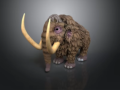 Cute Cartoon Style Mammoth Character 3D Model With Fluffy Fur Long Tusk And Purple Eyes 3d model