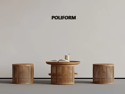Poliform Wicker Furniture Collection With Round Table And Stools Design 3d model