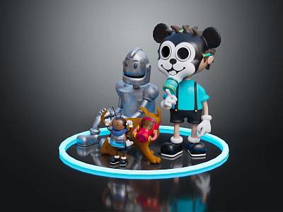 Cartoon Character With Headphones And Robot Standing With Small Figures On Blue Ring Base 3d model