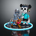 Cartoon Character With Headphones And Robot Standing With Small Figures On Blue Ring Base