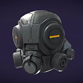 Black Mechanical Helmet with Round Components and Yellow Accents Futuristic Protective Headgear Design
