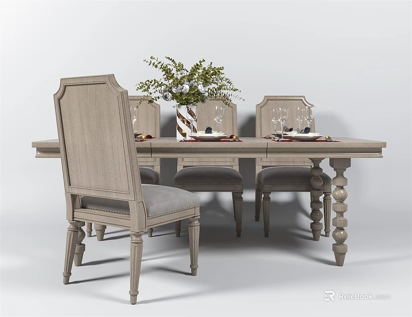 Wooden Dining Table Set With Light Tone Chairs Green Plant And Tableware 3d model 