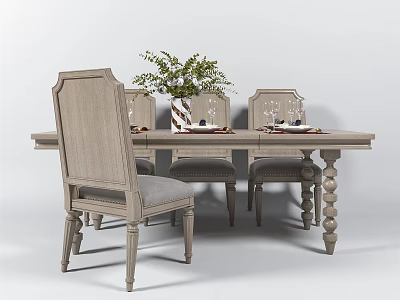 Wooden Dining Table Set With Light Tone Chairs Green Plant And Tableware 3d model