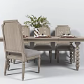 Wooden Dining Table Set With Light Tone Chairs Green Plant And Tableware