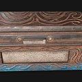 Vintage Carved Wooden Decorative Chest With Blue Brown Scroll Patterns And Metal Hardware