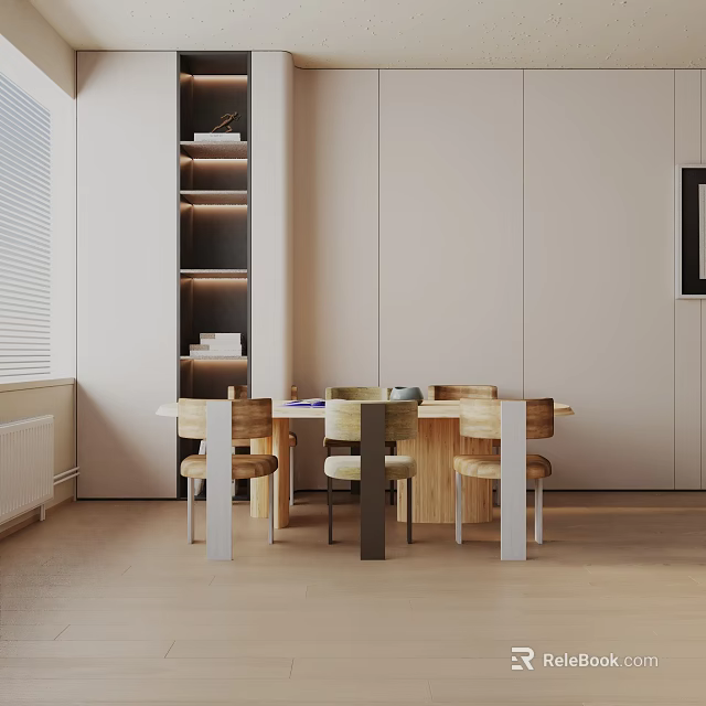 Modern Wooden Dining Table Set With Matching Chairs And Wall Shelves Interior 3d model 