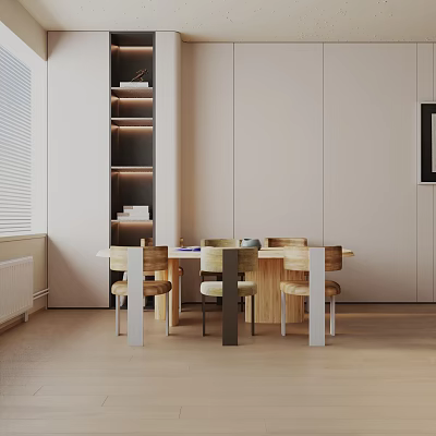 Modern Wooden Dining Table Set With Matching Chairs And Wall Shelves Interior 3d model