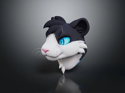 3D Rendered Game Movie Cat Character Head With Black White Fur Blue Eyes Detailed Whiskers 3d model