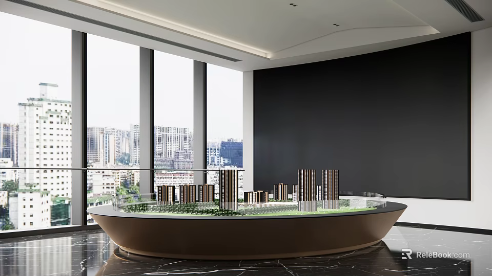 Modern Sales Office With Large Windows City View Building Model And Green Area 3d model 