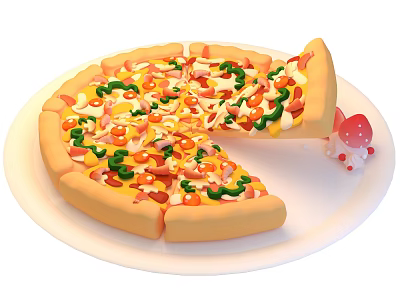 Tasty Pizza Topped With Vegetables And Meats A Slice Missing On White Plate With Mushrooms 3d model